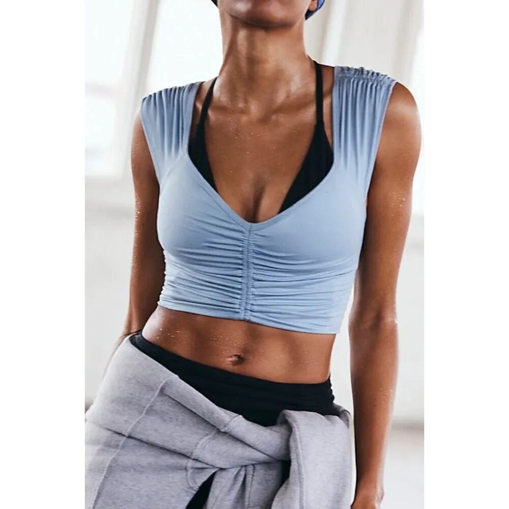 Free People FP Movement Breathe Deeper Crop Tank Top Small Beach Fog Light Blue